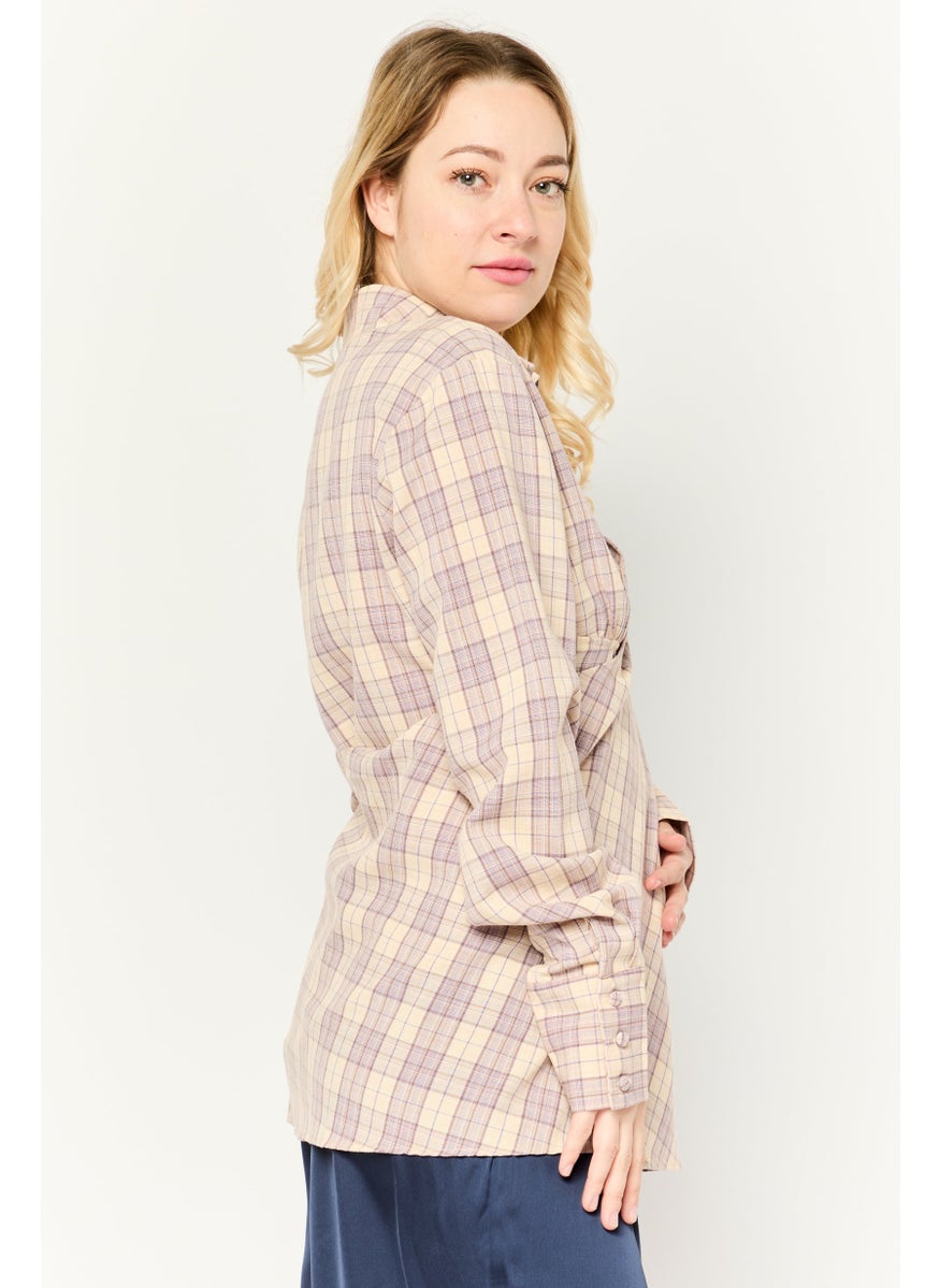 Missguided - Women Tall Surplice Neck Long Sleeve Checkered Shirts, Beige - Image 1