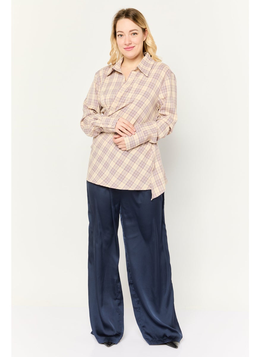 Missguided - Women Tall Surplice Neck Long Sleeve Checkered Shirts, Beige - Image 1
