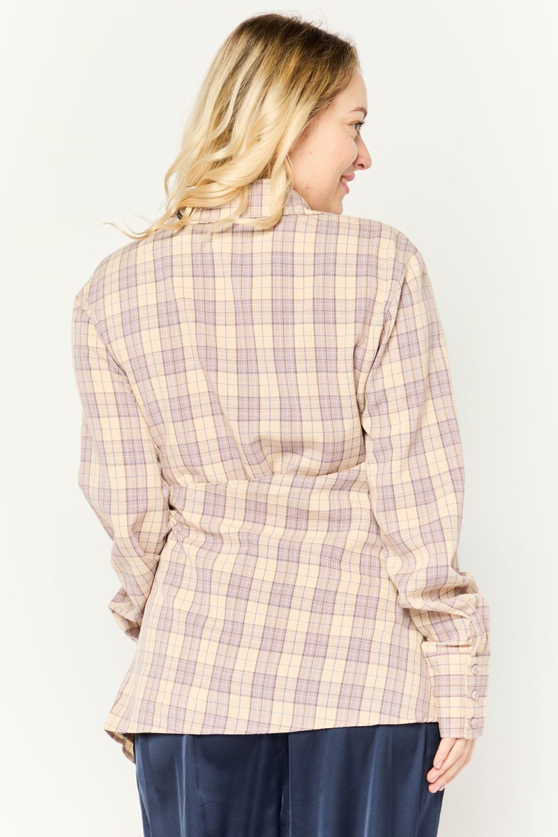 Missguided Women Tall Surplice Neck Long Sleeve Checkered Shirts, Beige - Image 4