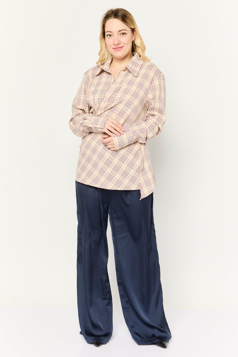 Missguided Women Tall Surplice Neck Long Sleeve Checkered Shirts, Beige - Image 2