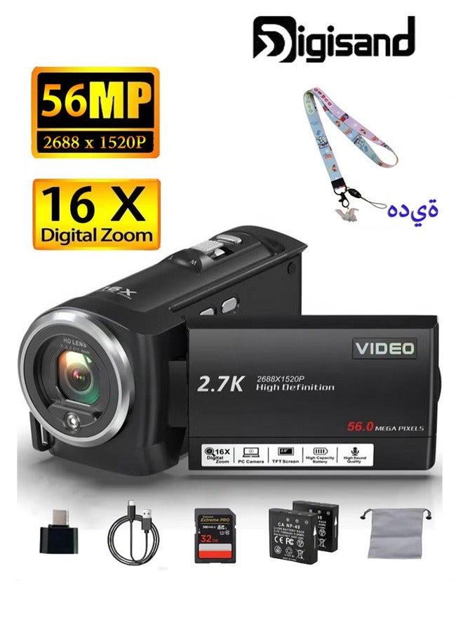 ديقيساند كاميرا رقمية محمولة بدقة 2.7K و56 ميجابكسل | تكبير 16x + بطاريتان + إضاءة LED | متعددة الاستخدامات للبث المباشر على يوتيوب، والسفر، والاجتماعات، مع حبل تعليق برسومات كرتونية - Image 1