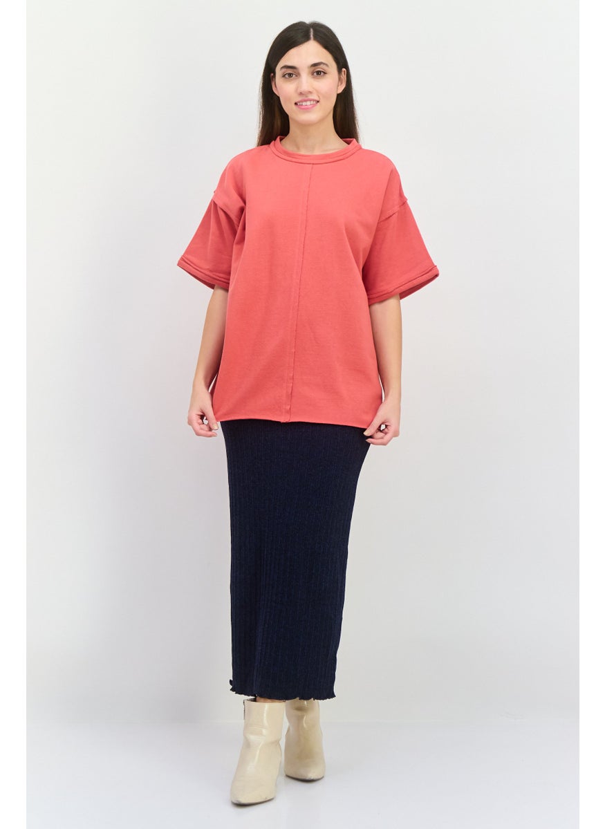 TRIBE OF 6 - Women Round Neck Short Sleeves Plain Top, Red - Image 1
