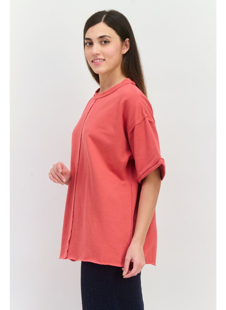 TRIBE OF 6 - Women Round Neck Short Sleeves Plain Top, Red - Image 1