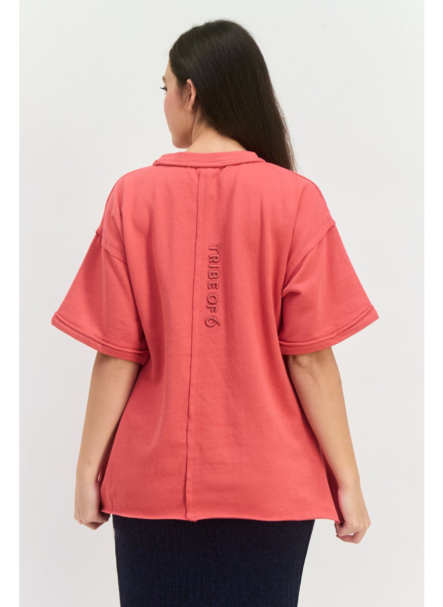 TRIBE OF 6 - Women Round Neck Short Sleeves Plain Top, Red - Image 1