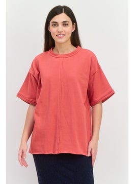 Women Round Neck Short Sleeves Plain Top, Red