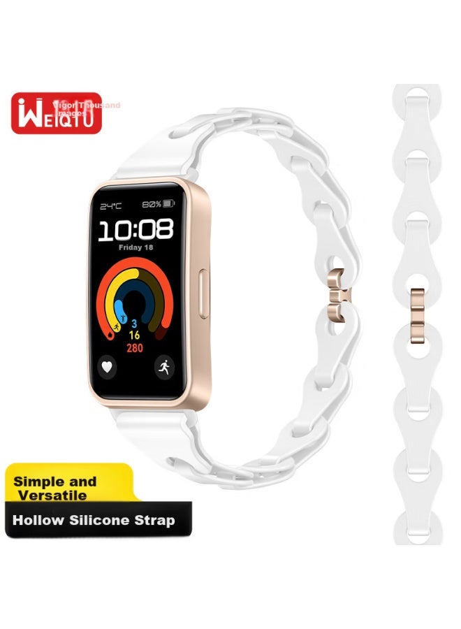 Wei Qiantu Weiqiantu Compatible With Huawei Band 9/8 Strap, Fashionable Hollow Silicone Wristband, Smart Watch Band For Men And Women, Chain Buckle Strap, White (Light Gold Buckle) - Image 1