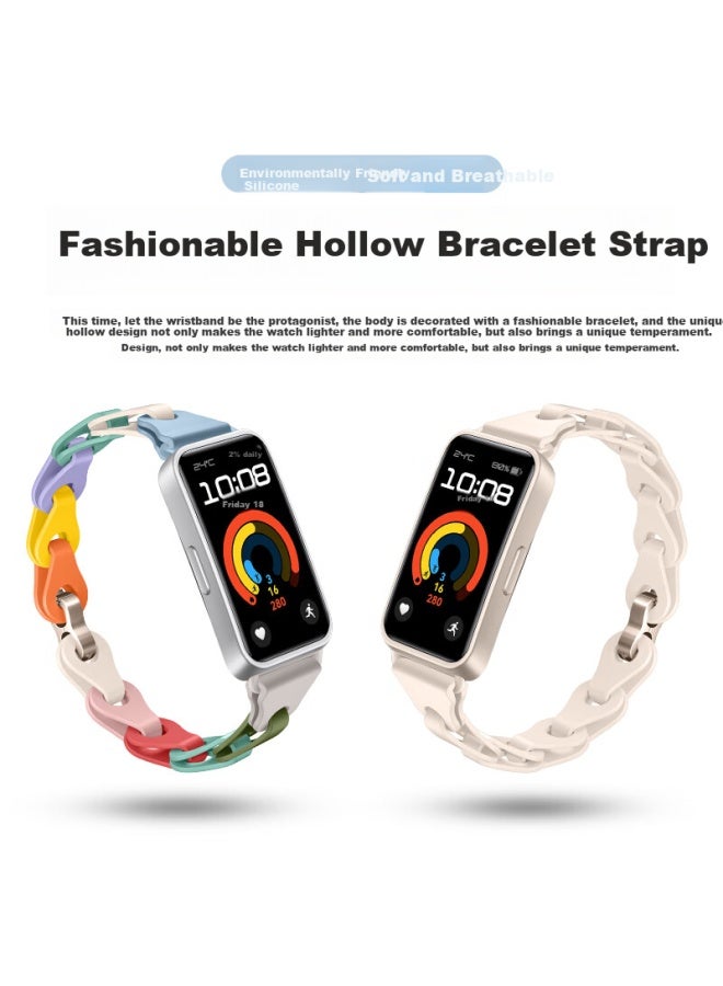 Wei Qiantu Weiqiantu Compatible With Huawei Band 9/8 Strap, Fashionable Hollow Silicone Wristband, Smart Watch Band For Men And Women, Chain Buckle Strap, White (Light Gold Buckle) - Image 2
