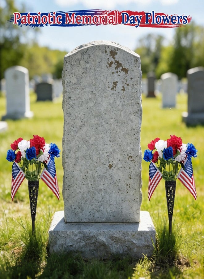 Tryly Memorial Day Flowers for Cemetery, 2Pcs Memorial Day Grave Flowers with Ground Vase, Patriotic Cemetery Decorations with American Flag for Veterans Graves (Artificial Flowers, 2) - Image 2