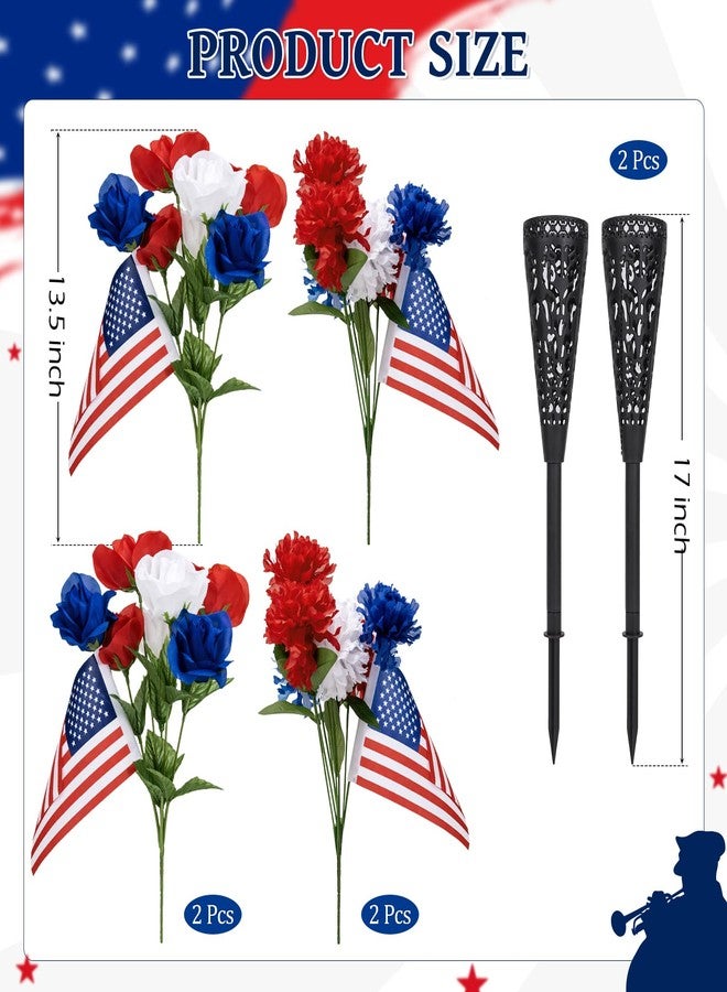 Tryly Memorial Day Flowers for Cemetery, 2Pcs Memorial Day Grave Flowers with Ground Vase, Patriotic Cemetery Decorations with American Flag for Veterans Graves (Artificial Flowers, 2) - Image 3