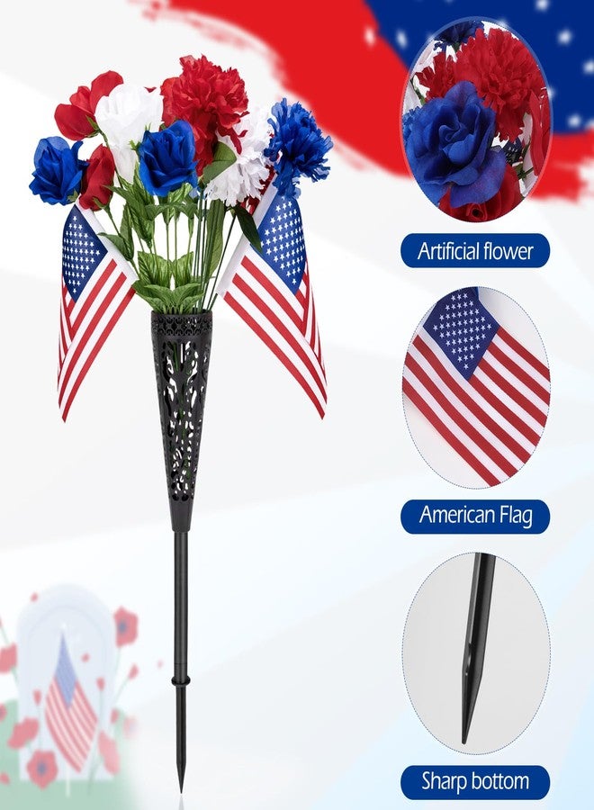 Tryly Memorial Day Flowers for Cemetery, 2Pcs Memorial Day Grave Flowers with Ground Vase, Patriotic Cemetery Decorations with American Flag for Veterans Graves (Artificial Flowers, 2) - Image 4