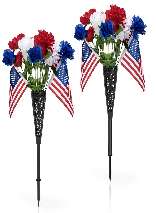 Tryly Memorial Day Flowers for Cemetery, 2Pcs Memorial Day Grave Flowers with Ground Vase, Patriotic Cemetery Decorations with American Flag for Veterans Graves (Artificial Flowers, 2) - Image 1