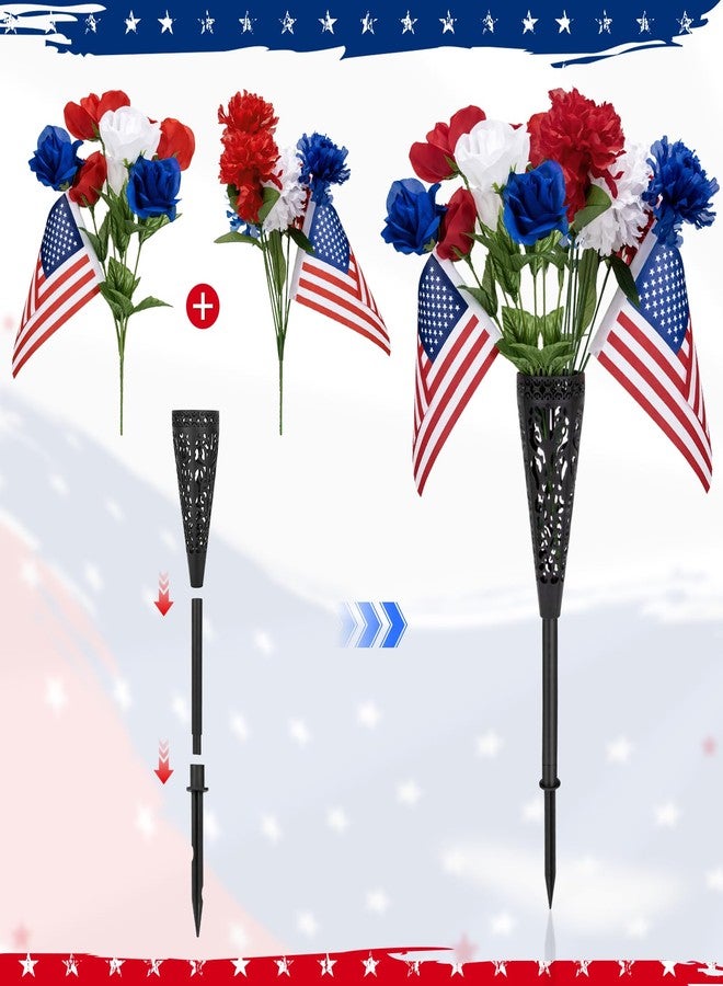 Tryly Memorial Day Flowers for Cemetery, 2Pcs Memorial Day Grave Flowers with Ground Vase, Patriotic Cemetery Decorations with American Flag for Veterans Graves (Artificial Flowers, 2) - Image 5