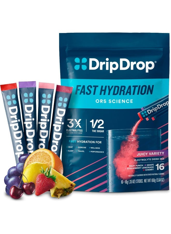 DripDrop Hydration - Electrolyte Powder Packets - Grape, Fruit Punch, Strawberry Lemonade, Cherry - 16 Count - Image 1