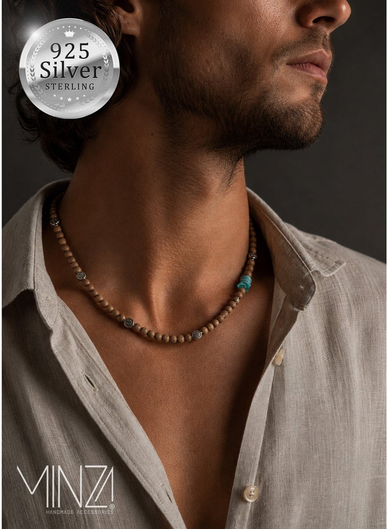 Minza “Fuji” Men’s Necklace, 925 Sterling Silver Coin Pendants with Sandalwood & Turquoise Stones, Adjustable Handmade Necklace for Men, Jewelry for Casual & Everyday Wear. - Image 1