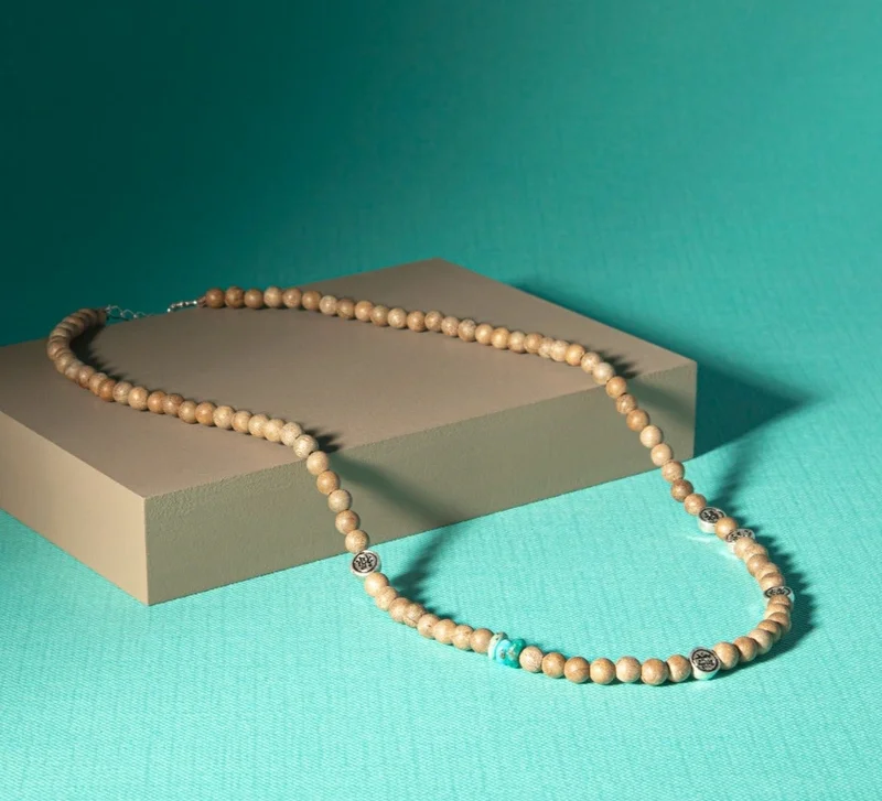Minza  Minza “Fuji” Men’s Necklace, 925 Sterling Silver Coin Pendants with Sandalwood & Turquoise Stones, Adjustable Handmade Necklace for Men, Jewelry for Casual & Everyday Wear.  | Best Price UAE