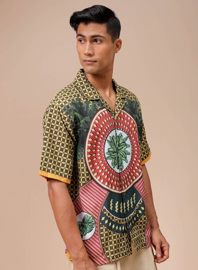 Men Oversized Kitch Art Printed Half Sleeves Cuban Collar Street Wear Shirt