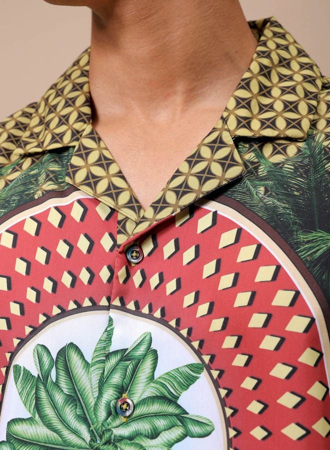 Men Oversized Kitch Art Printed Half Sleeves Cuban Collar Street Wear Shirt