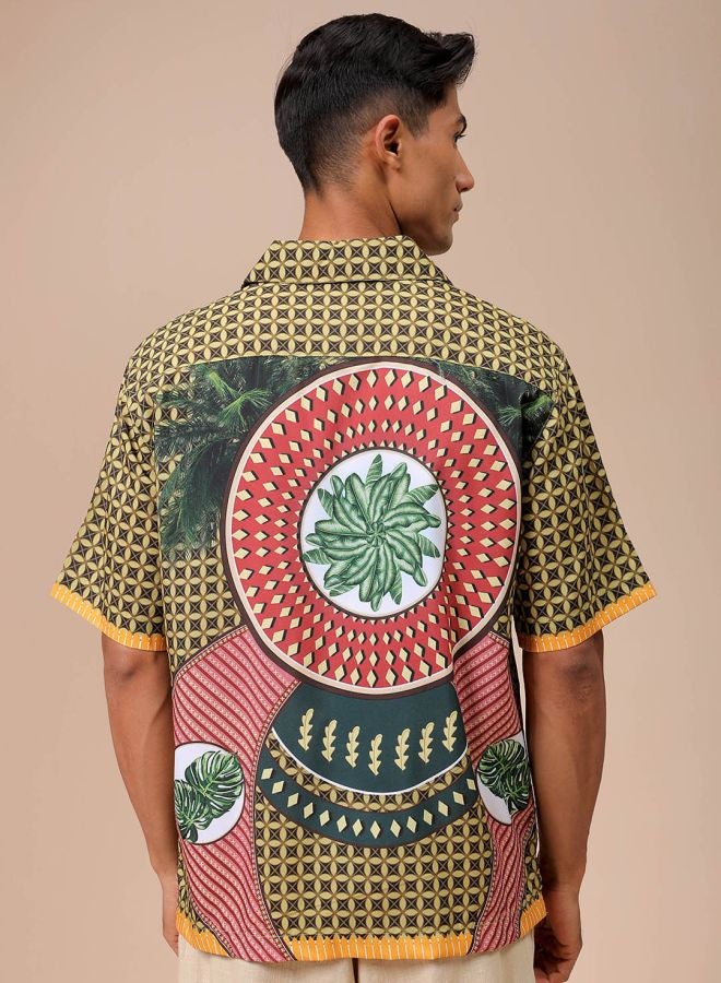 Men Oversized Kitch Art Printed Half Sleeves Cuban Collar Street Wear Shirt