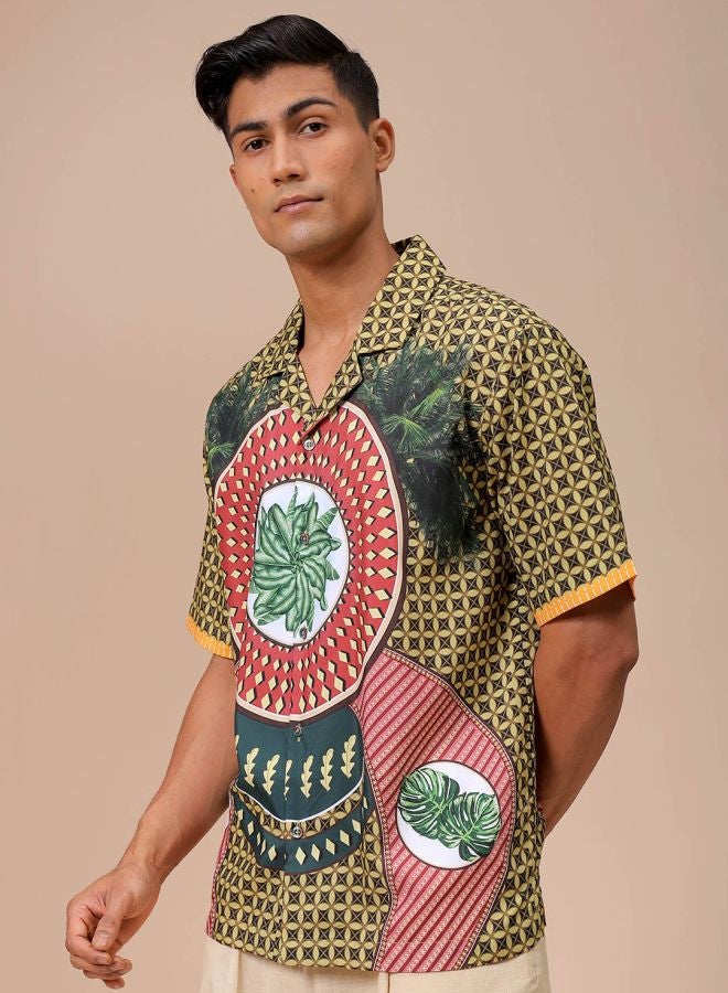 Men Oversized Kitch Art Printed Half Sleeves Cuban Collar Street Wear Shirt