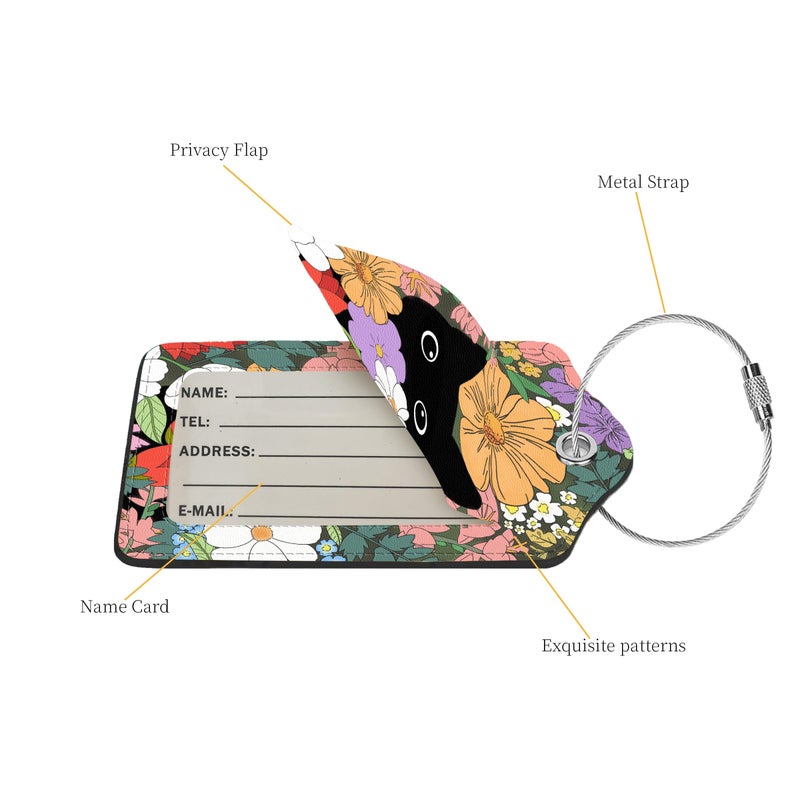 Anikathy 2 Pcs Luggage Tags for Suitcases, PU Leather Cruise Ship Luggage Tags with Privacy Cover Label Address Card and Durable Metal Ring Suitable for Men Women Handbags Backpacks,Flower Bushes and Cats - Image 2