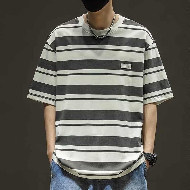2024 Summer Striped Short-Sleeved T-Shirt Men'S Summer American Fashionable Loose Fashionable Brand Plus Size Half-Sleeved T-Shirt Top - Image 1
