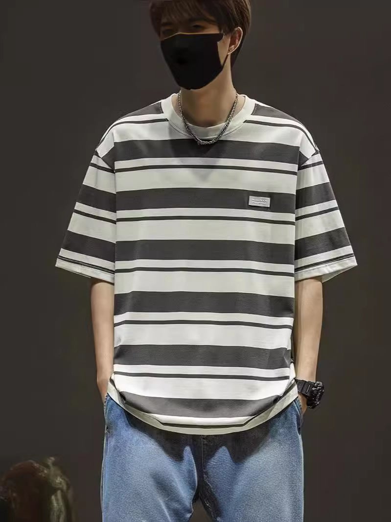 2024 Summer Striped Short-Sleeved T-Shirt Men'S Summer American Fashionable Loose Fashionable Brand Plus Size Half-Sleeved T-Shirt Top - Image 4