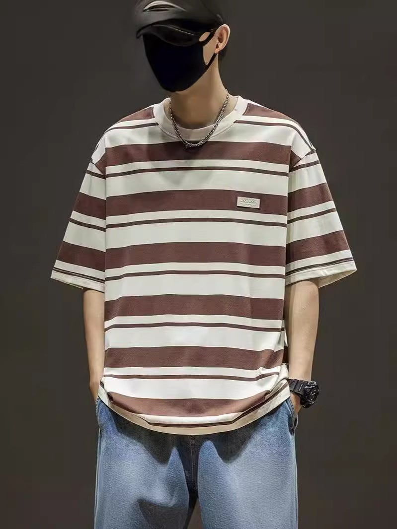 2024 Summer Striped Short-Sleeved T-Shirt Men'S Summer American Fashionable Loose Fashionable Brand Plus Size Half-Sleeved T-Shirt Top - Image 5