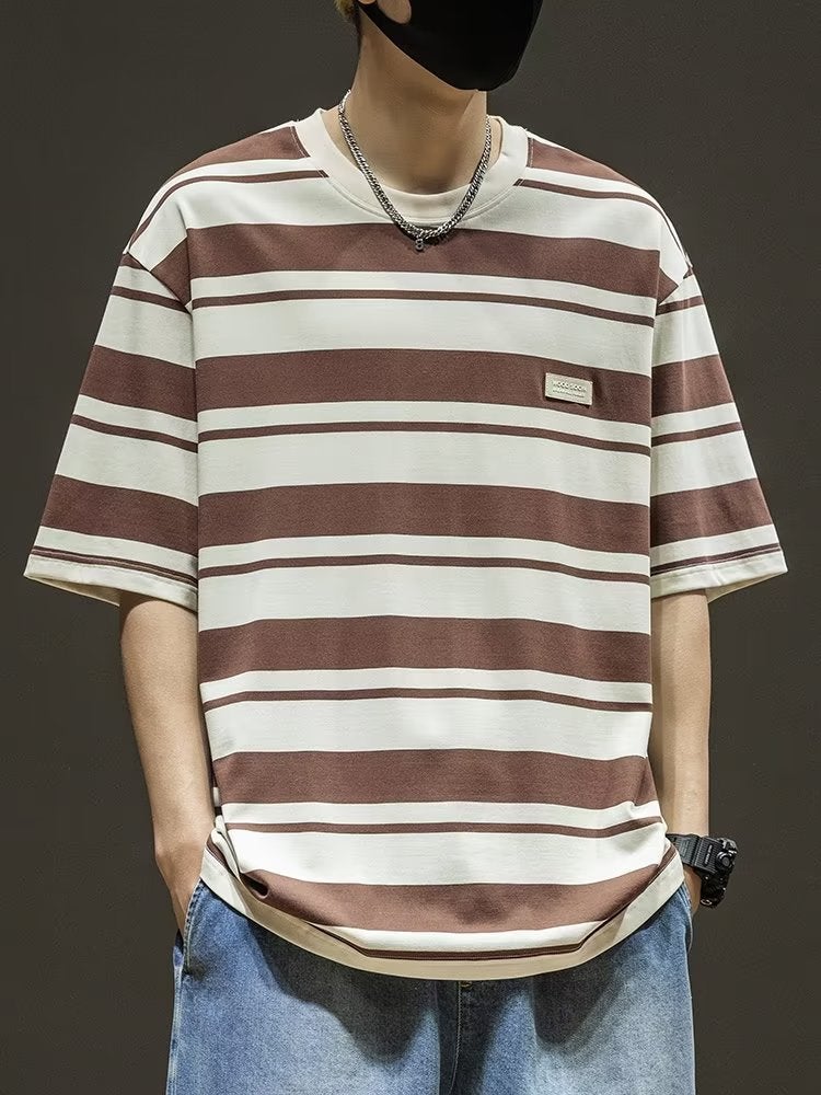 2024 Summer Striped Short-Sleeved T-Shirt Men'S Summer American Fashionable Loose Fashionable Brand Plus Size Half-Sleeved T-Shirt Top - Image 2