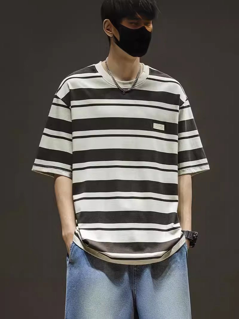 2024 Summer Striped Short-Sleeved T-Shirt Men'S Summer American Fashionable Loose Fashionable Brand Plus Size Half-Sleeved T-Shirt Top - Image 3