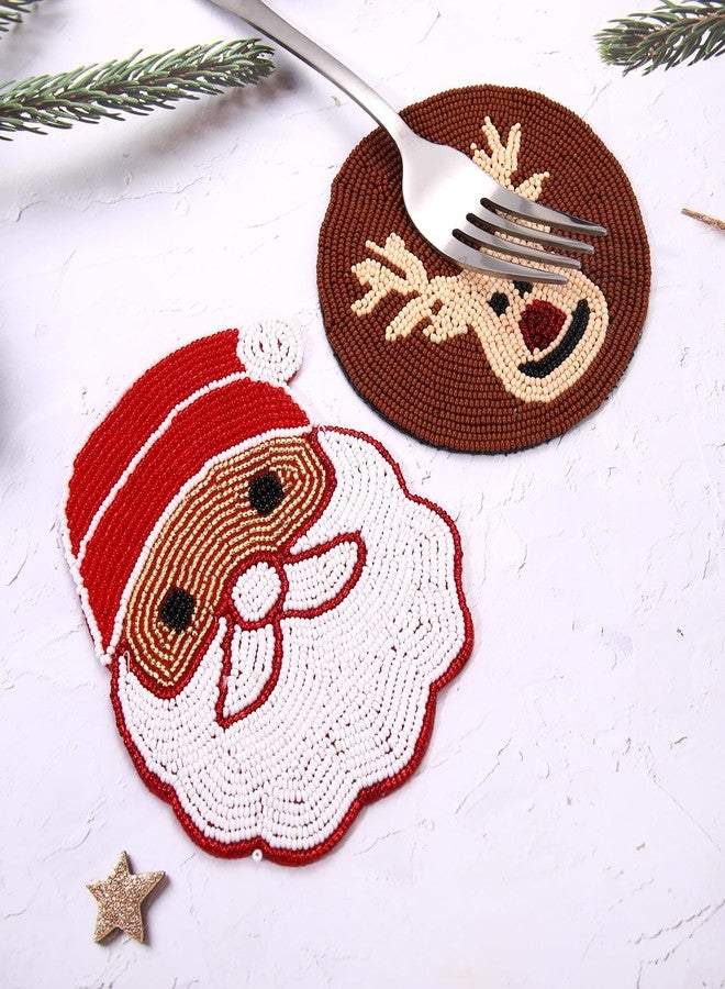 HZEYN Christmas Coaster Beaded Santa Claus Reindeer Drink Coaster Cup Mat Coffee Tea Coaster Bar Cart Decor Accessories Gifts (2, Santa Claus Reindeer) - Image 3