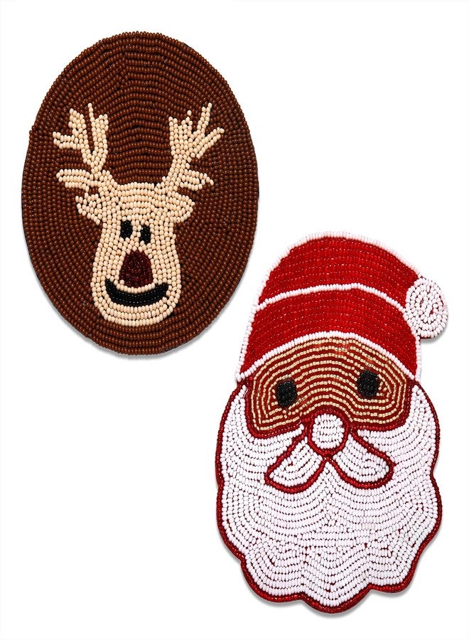 HZEYN Christmas Coaster Beaded Santa Claus Reindeer Drink Coaster Cup Mat Coffee Tea Coaster Bar Cart Decor Accessories Gifts (2, Santa Claus Reindeer) - Image 1