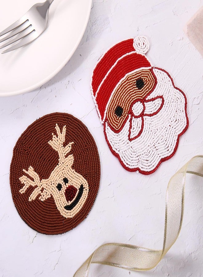 HZEYN Christmas Coaster Beaded Santa Claus Reindeer Drink Coaster Cup Mat Coffee Tea Coaster Bar Cart Decor Accessories Gifts (2, Santa Claus Reindeer) - Image 2