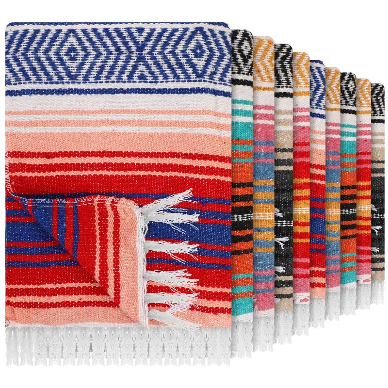 Haull 10 Pcs Mexican Blankets Bulk Yoga Authentic Throw Mexican Serape Blanket Large Colorful Striped Falsa with Fringed for Outdoor Camping Beach Picnic Home Decor