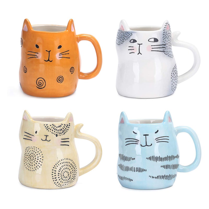 Bico Cartoon Cat Coffee Mugs Set of 4 Cute Ceramic Mugs with Unique Cats Faces Stoneware Coffee Tea Mug Gifts for Cat Lovers Women and Men Microwave and Dishwasher Safe 10 oz