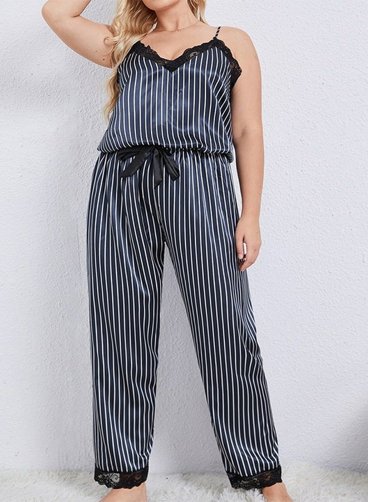 Loquat Women's Large Size Stripes Patterned 2-Piece Set Nightgown Sleepwear Suspender Top And Pants Soft Loungewear Pajamas Suit Navy Blue/White/Black  - Image 1