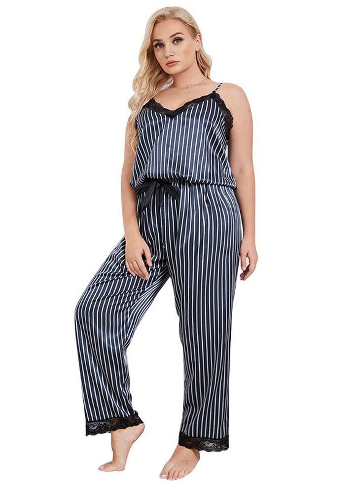 Loquat Women's Large Size Stripes Patterned 2-Piece Set Nightgown Sleepwear Suspender Top And Pants Soft Loungewear Pajamas Suit Navy Blue/White/Black  - Image 2