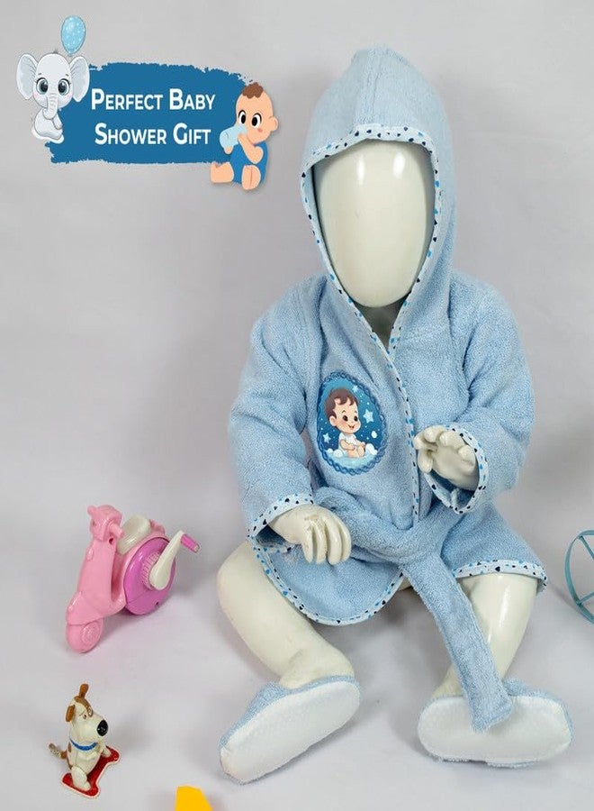 RANGOLI SOFT ABSORBENT DURABLE TOWELS RANGOLI 100% Cotton Premium Baby Bathrobe With Matching Slippers - Blue | Ultra Soft, Skin-Friendly Unisex Baby Bath Robe | Full Sleeves With Adjustable Belt | After Bathing Dress 12-18 Months - Image 3