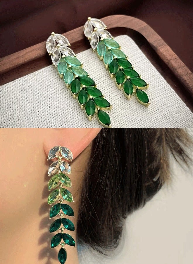 Women's Gold-Plated Long Leaf Earrings, Gradient Green Zircon Statement Earrings for Ladies, Ideal for Wedding & Festive Wear in Middle East - Image 1