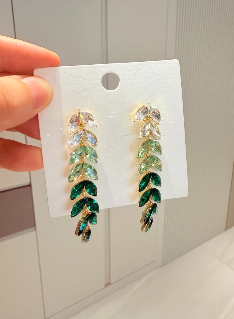 Women's Gold-Plated Long Leaf Earrings, Gradient Green Zircon Statement Earrings for Ladies, Ideal for Wedding & Festive Wear in Middle East - Image 3