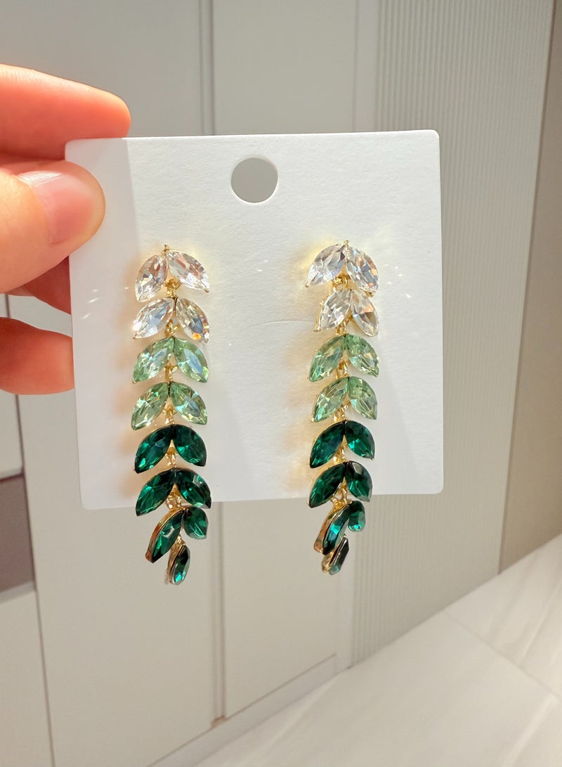 Women's Gold-Plated Long Leaf Earrings, Gradient Green Zircon Statement Earrings for Ladies, Ideal for Wedding & Festive Wear in Middle East - Image 2