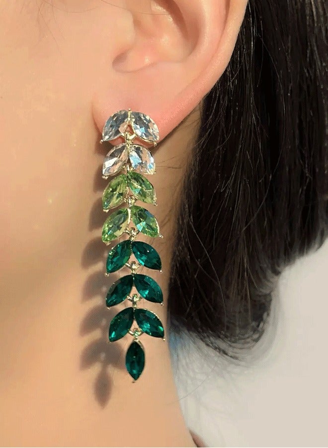 Women's Gold-Plated Long Leaf Earrings, Gradient Green Zircon Statement Earrings for Ladies, Ideal for Wedding & Festive Wear in Middle East - Image 4