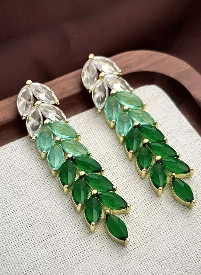 Women's Gold-Plated Long Leaf Earrings, Gradient Green Zircon Statement Earrings for Ladies, Ideal for Wedding & Festive Wear in Middle East - Image 5