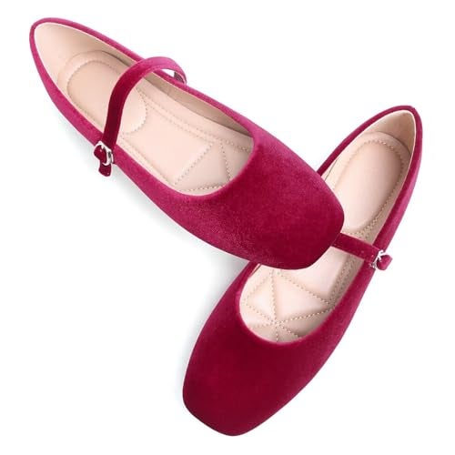 Stunner Womens Velvet Flats Square Toe Casual Work Flats Comfortable Ballet Flats with Buckle Strap Retro Mary Jane Flats Wine red 44105 - Image 3