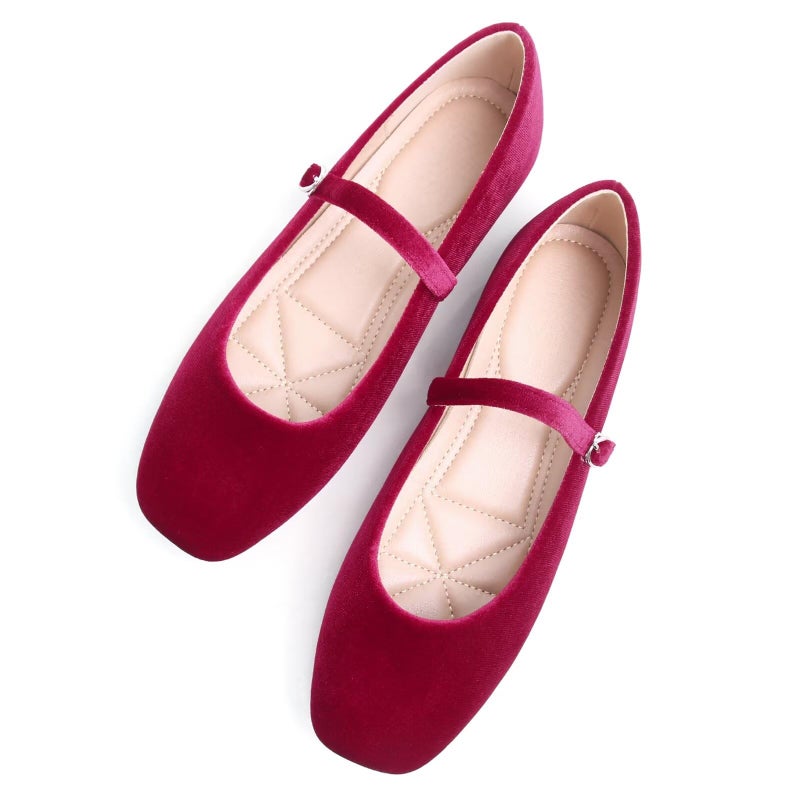 Stunner Womens Velvet Flats Square Toe Casual Work Flats Comfortable Ballet Flats with Buckle Strap Retro Mary Jane Flats Wine red 44105 - Image 2