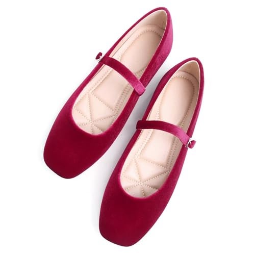 Stunner Womens Velvet Flats Square Toe Casual Work Flats Comfortable Ballet Flats with Buckle Strap Retro Mary Jane Flats Wine red 44105 - Image 1