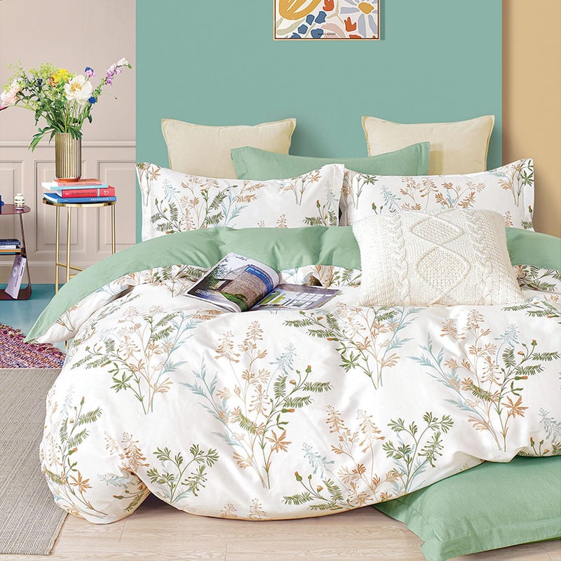 ALEISSEL Natural Cotton 3pcs Botanical Comforter Sets Queen Size-Green Comforter with Luxurious Tan & Gray Leaves on White, Reversible Lightweight Floral Bedding Sets(Full/Queen) - Image 1