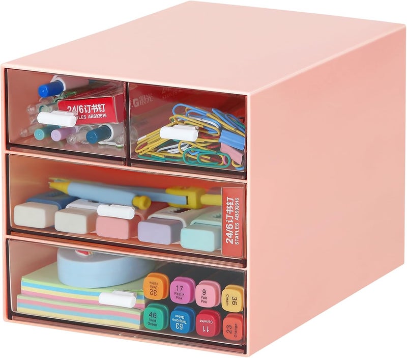LETURE Desk Organizer with 4 Drawers, Clear Plastic Desk Storage Box, Desktop Organization for Office Supplies, Gel Pens, Pencils, Markers, Tape, Erasers, Paperclips, Chargers (Pink w 4Draws) - Image 1