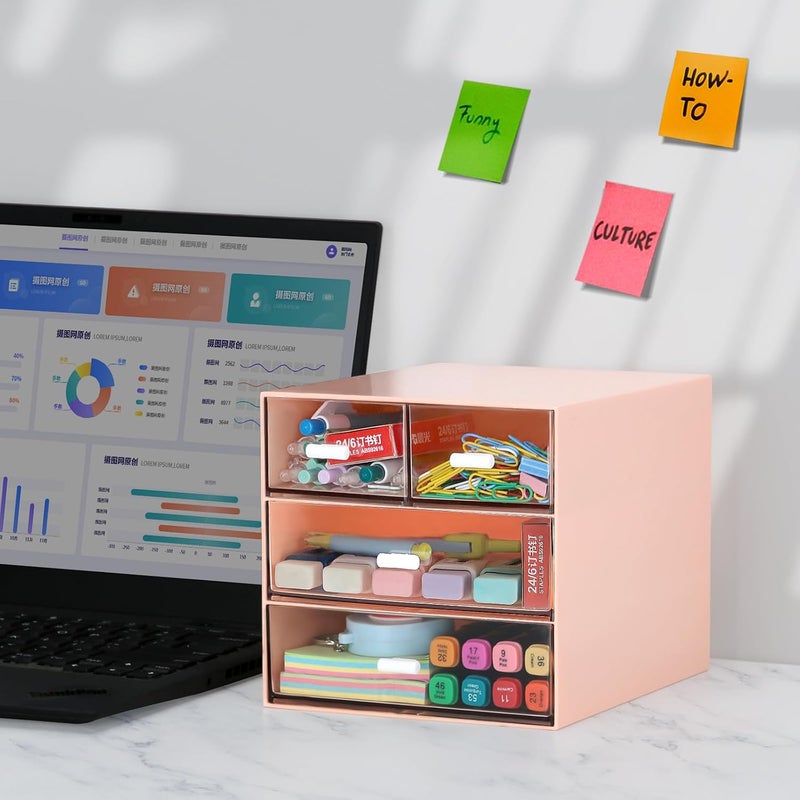LETURE Desk Organizer with 4 Drawers, Clear Plastic Desk Storage Box, Desktop Organization for Office Supplies, Gel Pens, Pencils, Markers, Tape, Erasers, Paperclips, Chargers (Pink w 4Draws) - Image 4