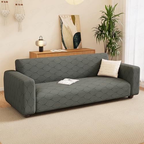 Lukzer 2 Seater Pastel Dark Grey Leaf Trail Pattern Sofa Cover | 240 GSM Universal Stretch Fit Jacquard Fabric Couch Protector | Fully Covered Anti Slip & Washable Sofa Cover | (140-180cm/SC-125-02) - Image 3