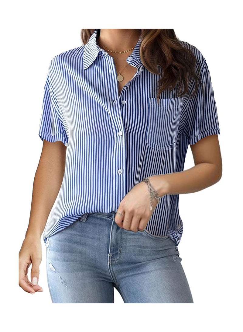 Shougu New Printed Striped Casual And Fashionable Short Sleeved Shirt For Women 